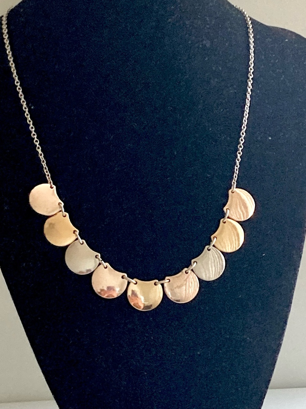 Charming Charlie Tri-Tone Disc Necklace in Gold, Silver, Rose